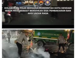 Polri dan Pemkot Kendari Bersihkan Sisa Pembakaran Ban Usai Aksi Unjuk Rasa